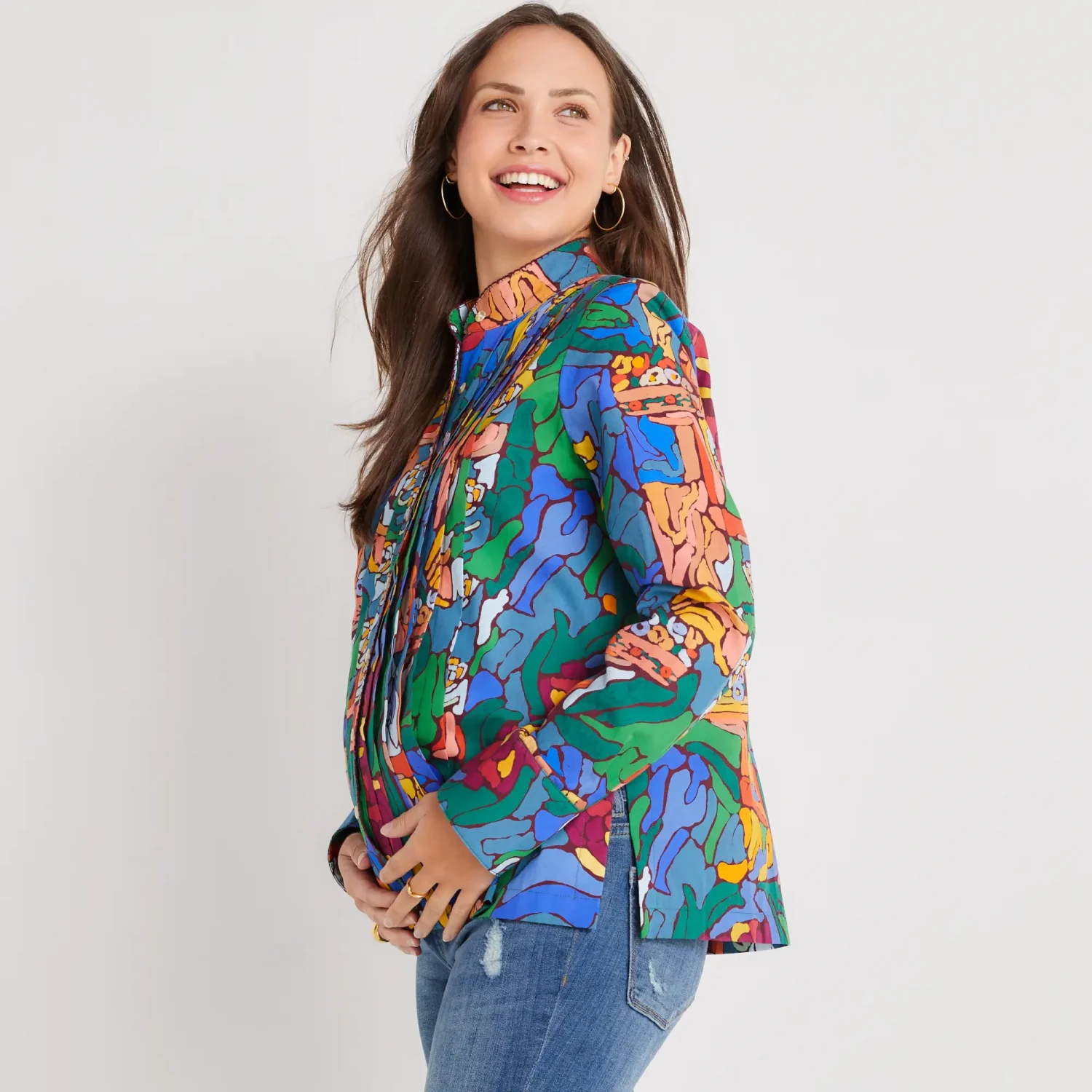 De Loreta brand contemporary and stylish maternity friendly button down printed shirts