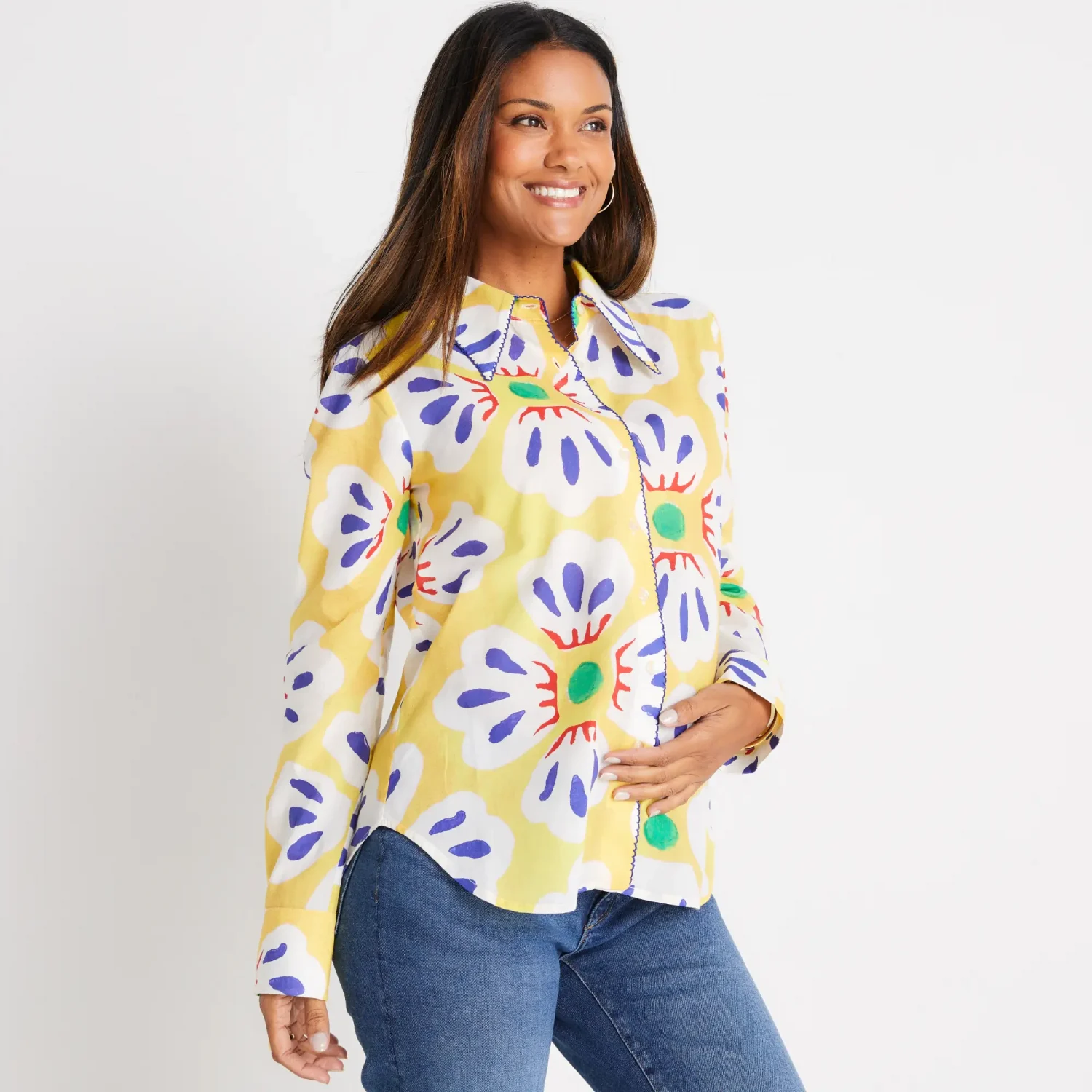 De Loreta brand contemporary and stylish maternity friendly button down printed floral shirts