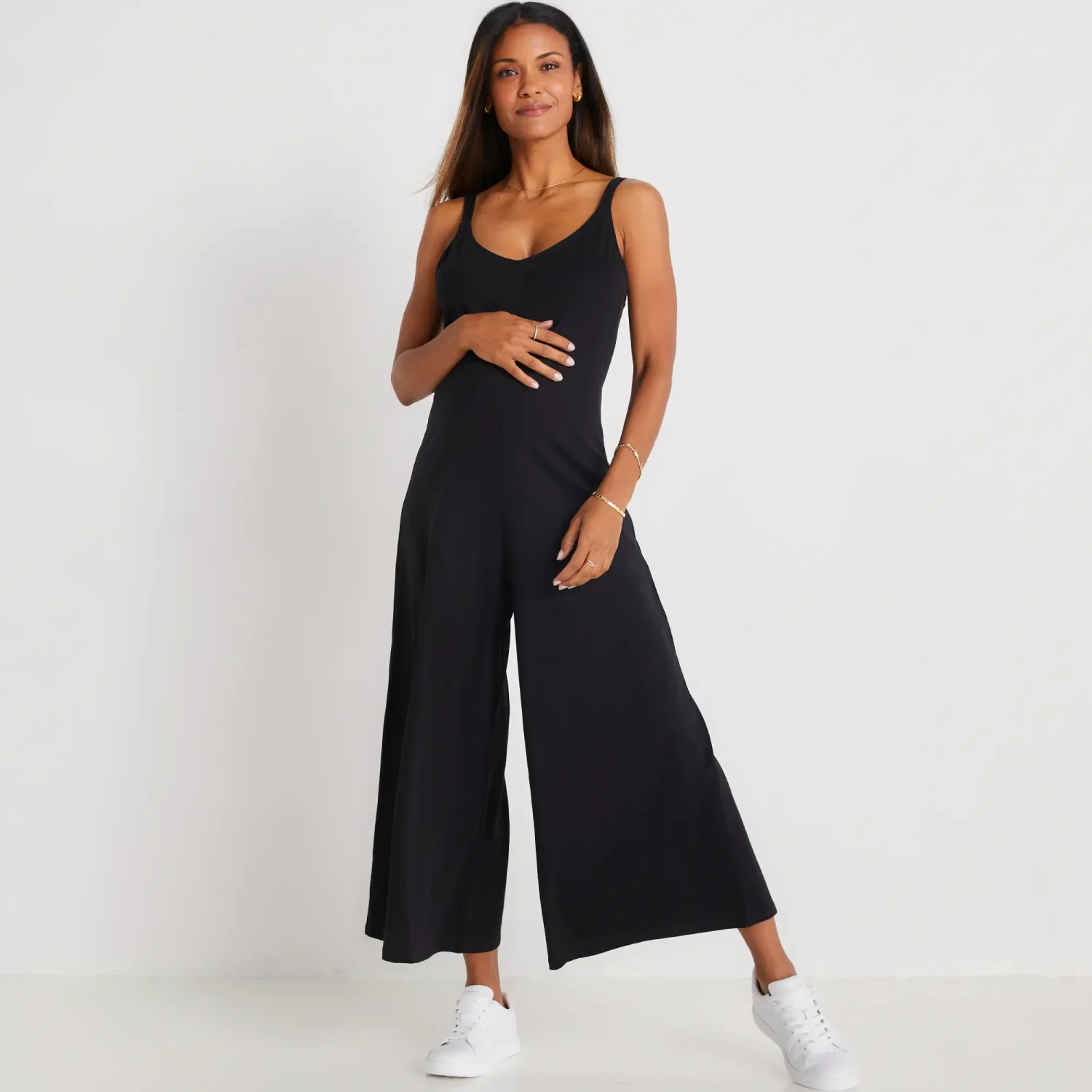 Eberjey brand contemporary and stylish maternity friendly black soft jumpsuits