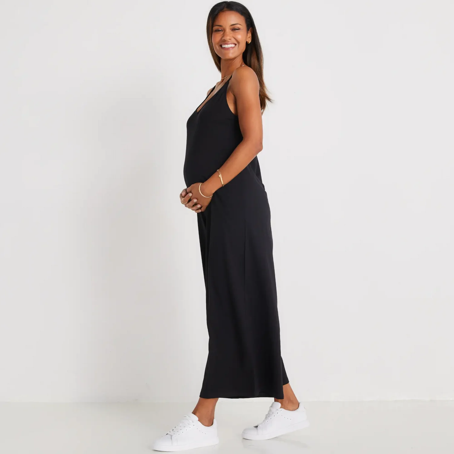 Eberjey brand contemporary and stylish maternity friendly black soft jumpsuits