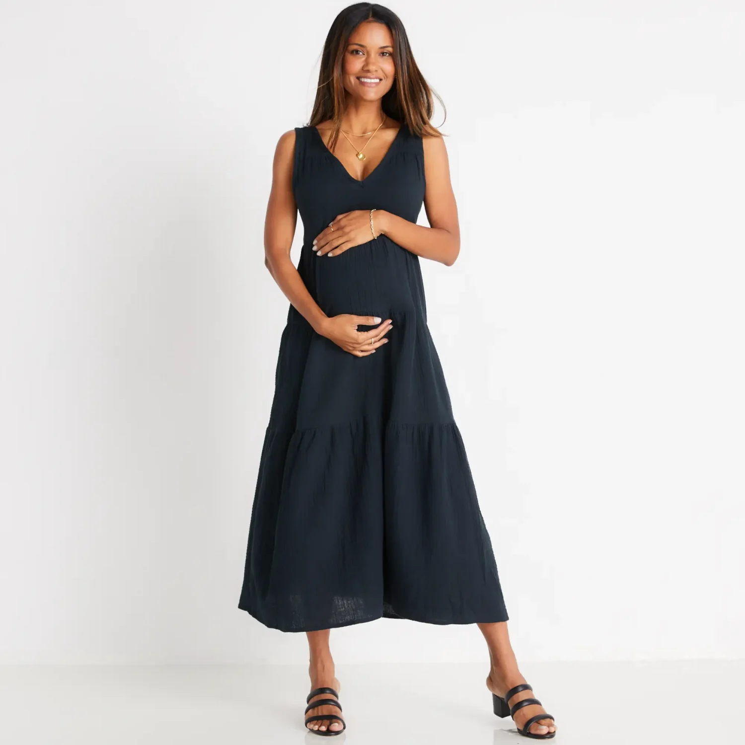 Marine Layer brand contemporary and stylish maternity friendly black maxi dresses