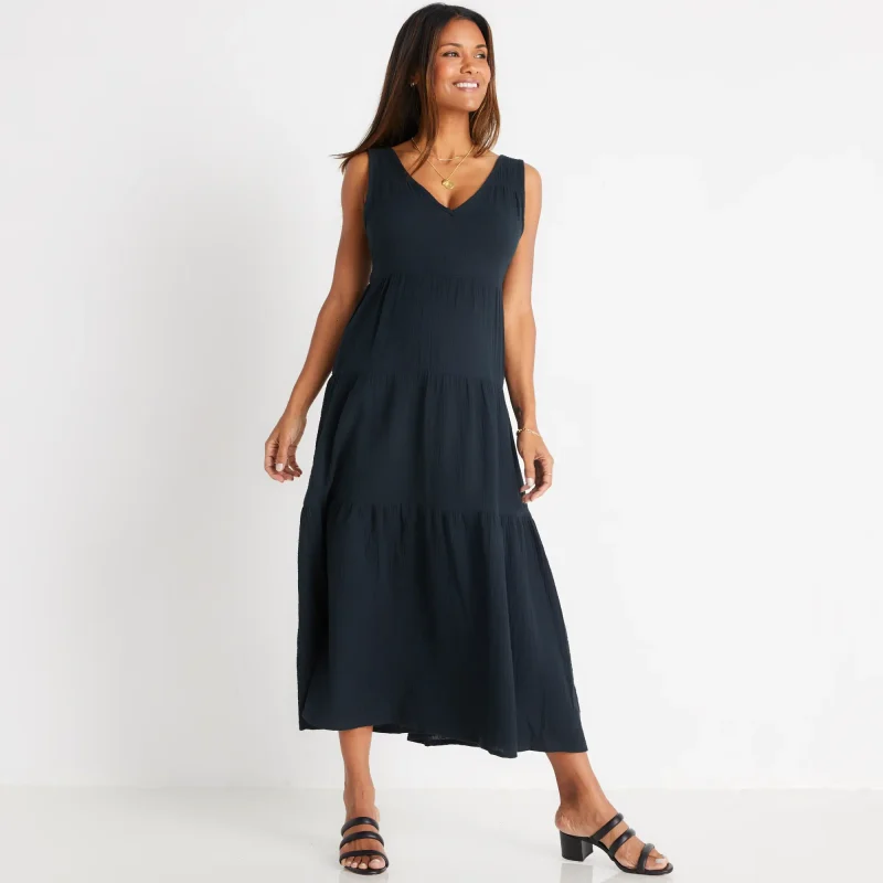 Marine Layer brand contemporary and stylish maternity friendly black maxi dresses