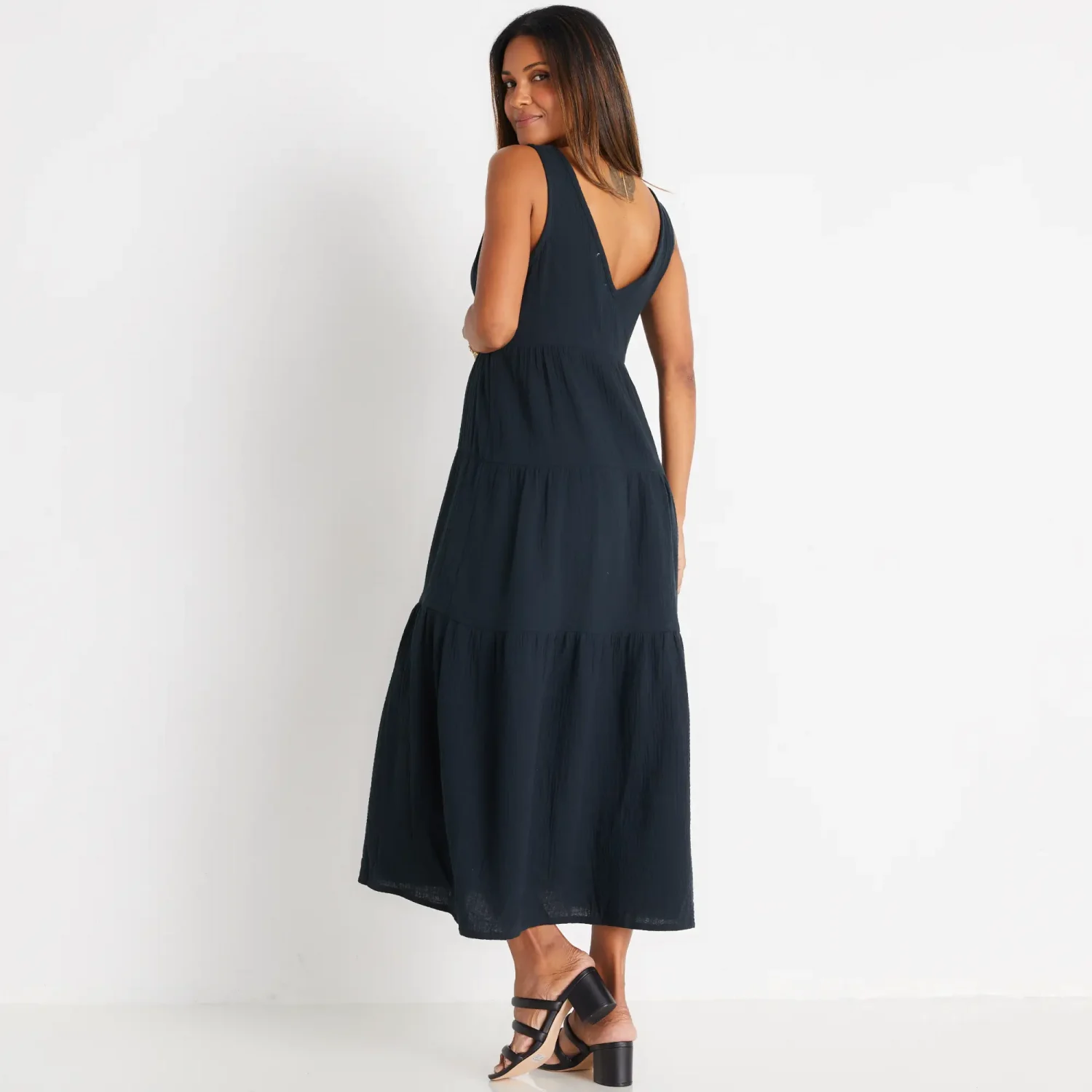 Marine Layer brand contemporary and stylish maternity friendly black maxi dresses