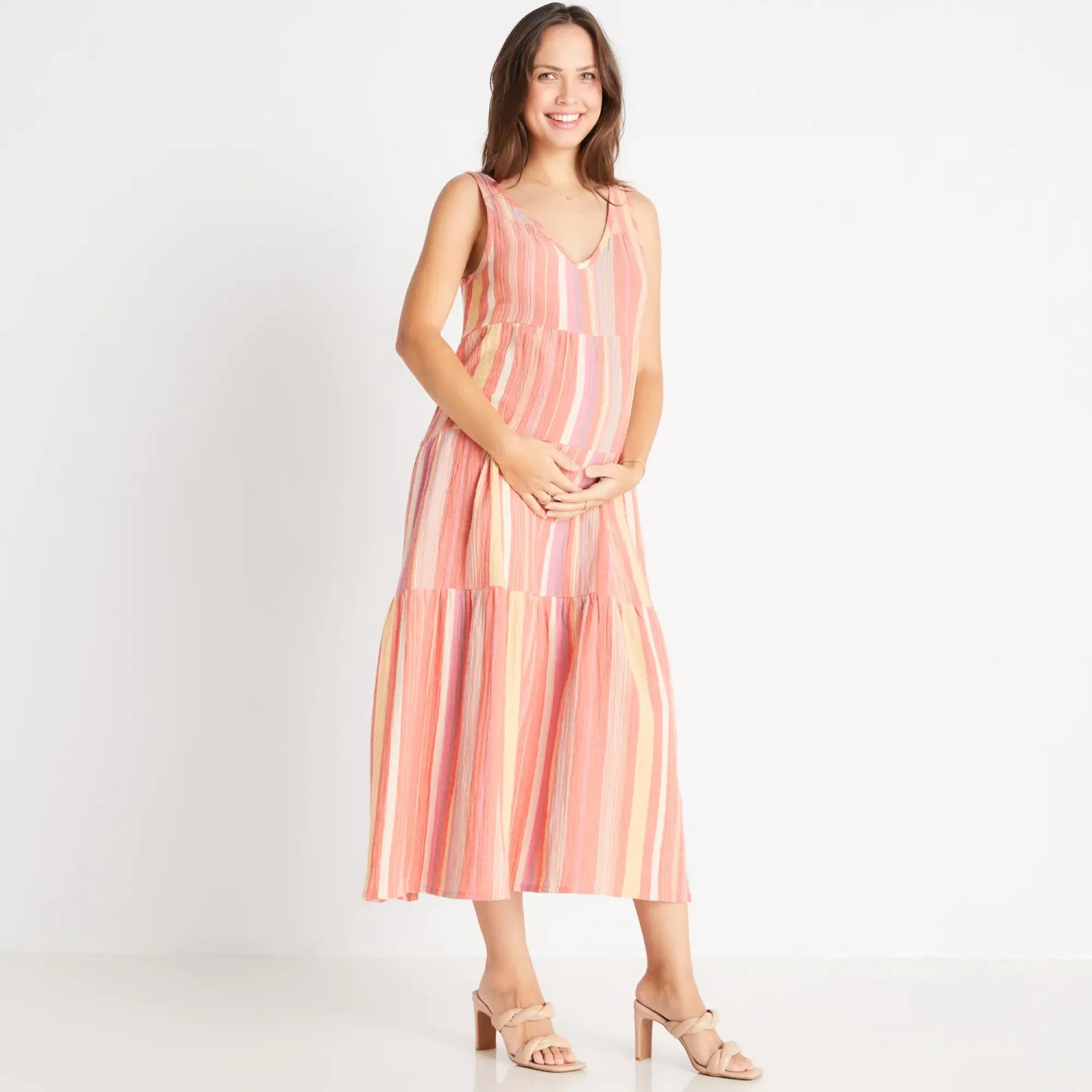 Marine Layer brand contemporary and stylish maternity friendly printed maxi dresses