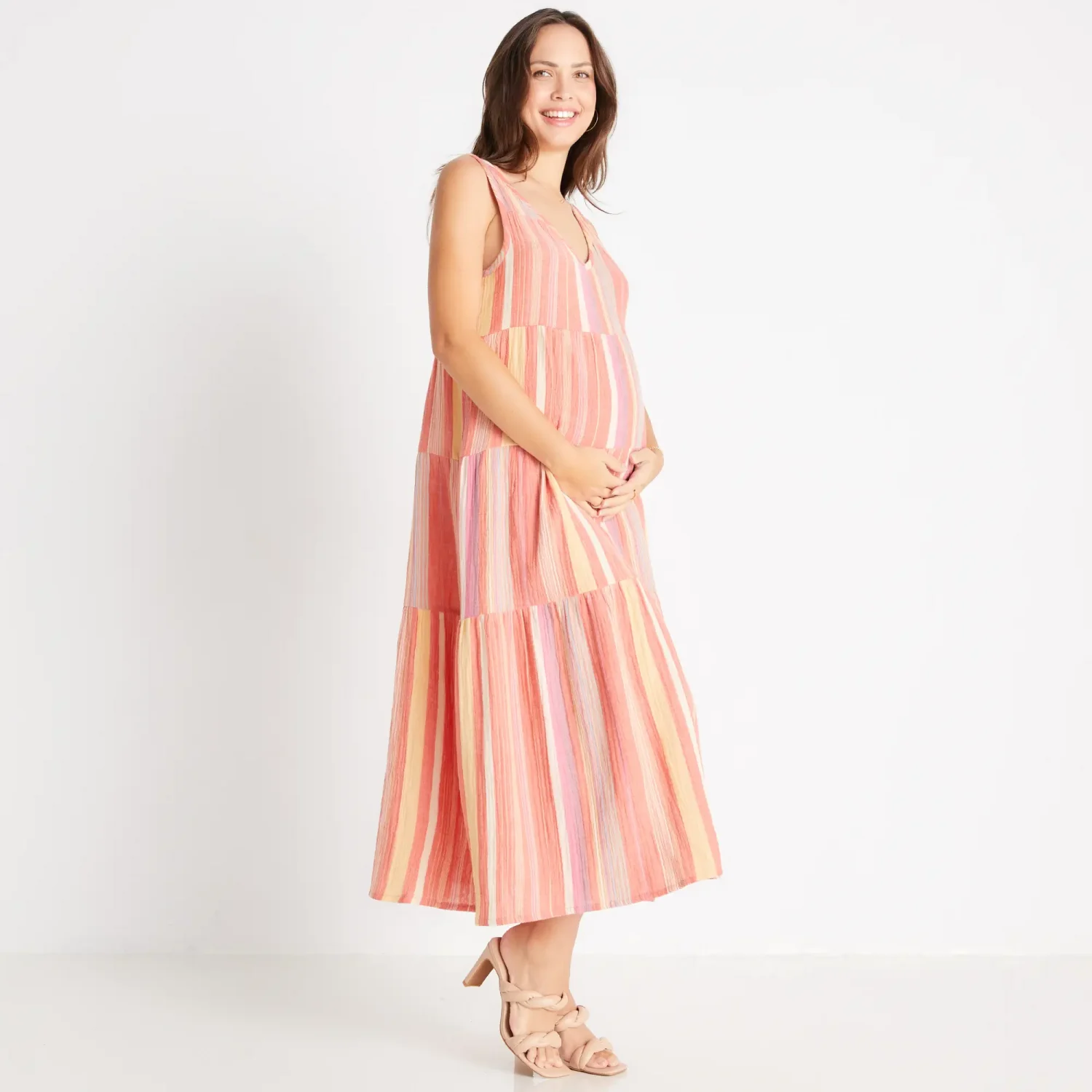 Marine Layer brand contemporary and stylish maternity friendly printed maxi dresses