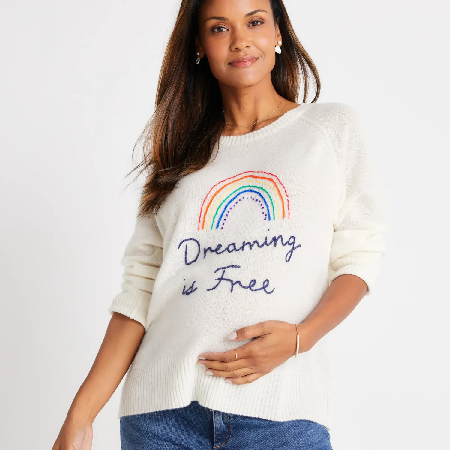 Golden Sun brand contemporary and stylish maternity friendly cashmere sweater tops with rainbow