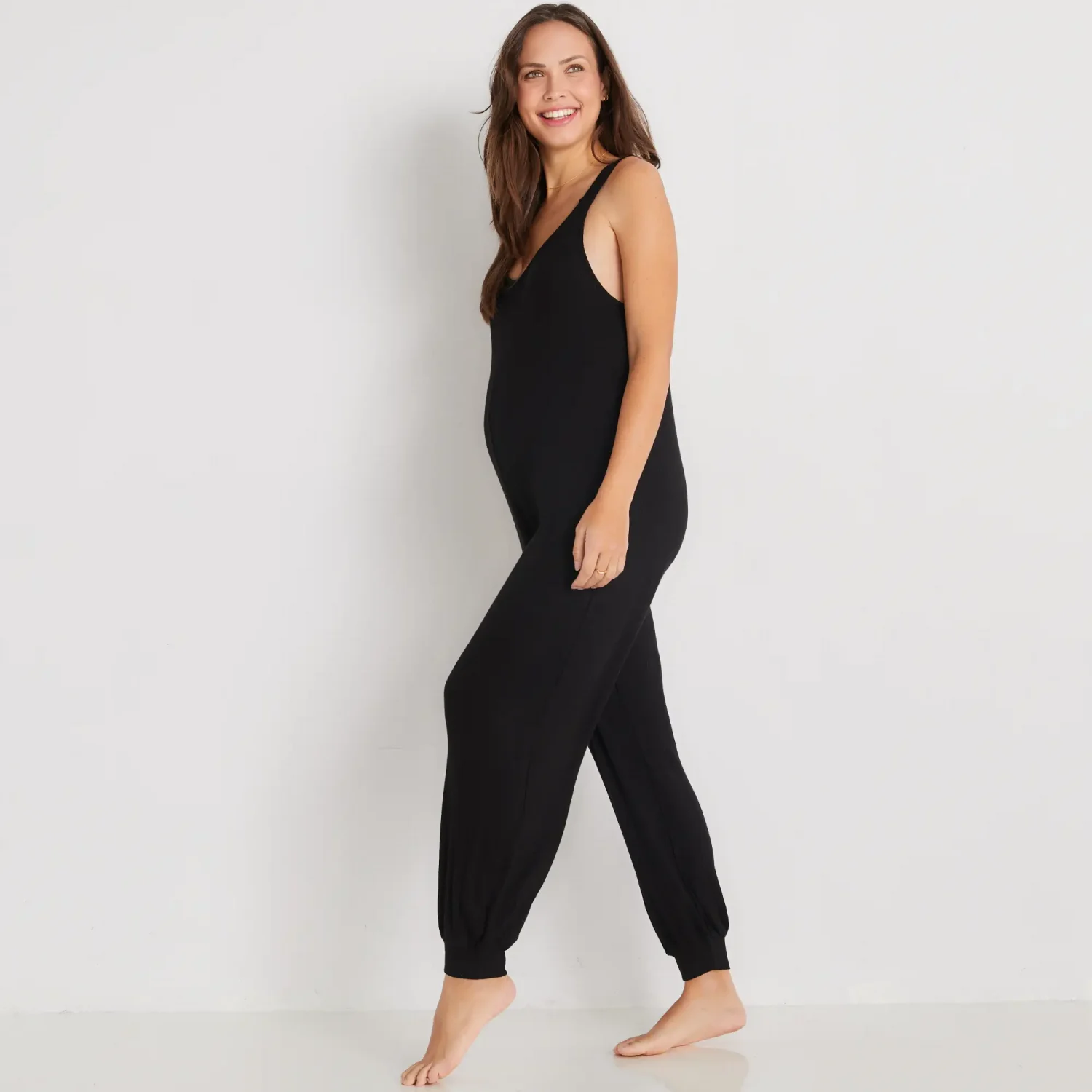 Eberjey brand maternity friendly loungewear black soft jumpsuit