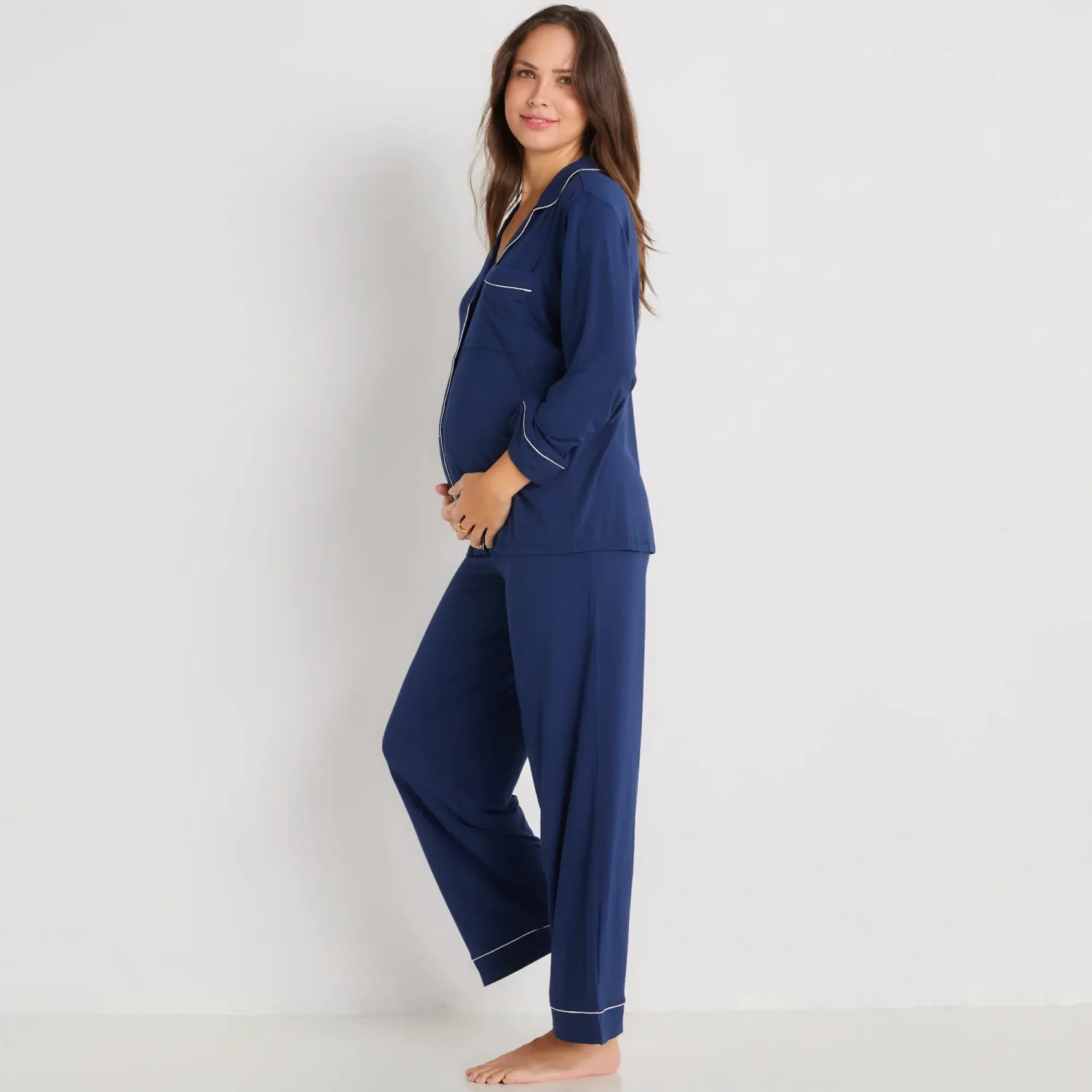 Eberjey brand maternity friendly long sleeve pant soft navy PJ sets
