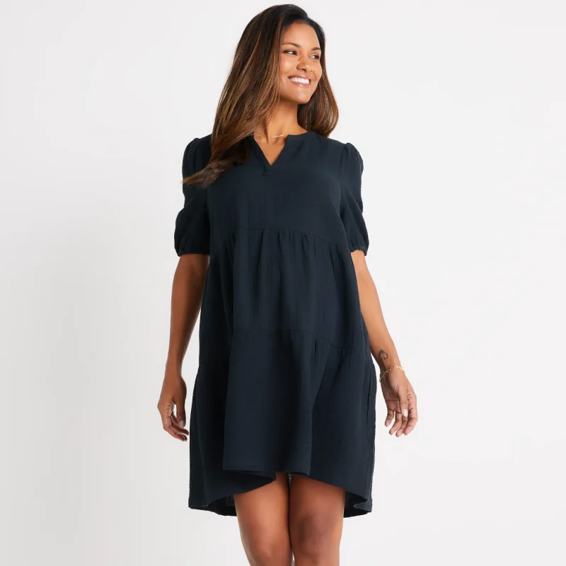 Marine Layer brand contemporary and stylish maternity friendly black mini dresses