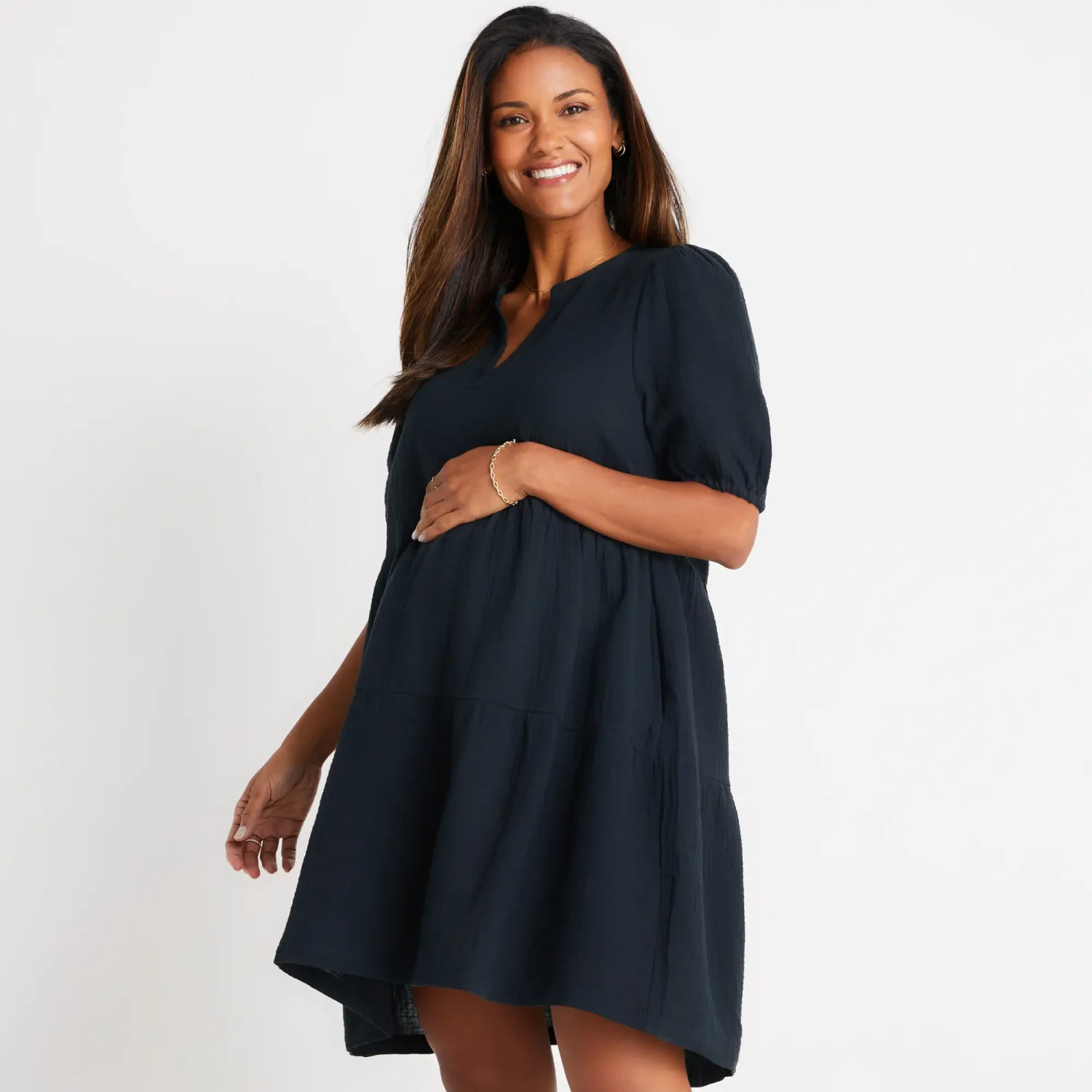 Marine Layer brand contemporary and stylish maternity friendly black mini dresses