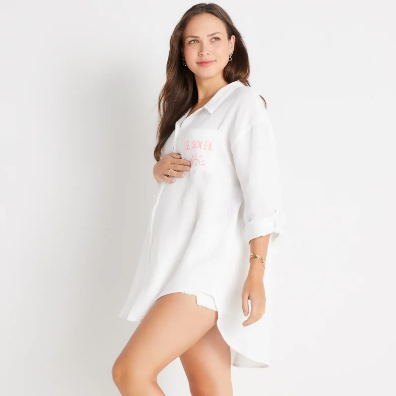 Golden Sun brand contemporary and stylish maternity friendly white shirt dress cover ups