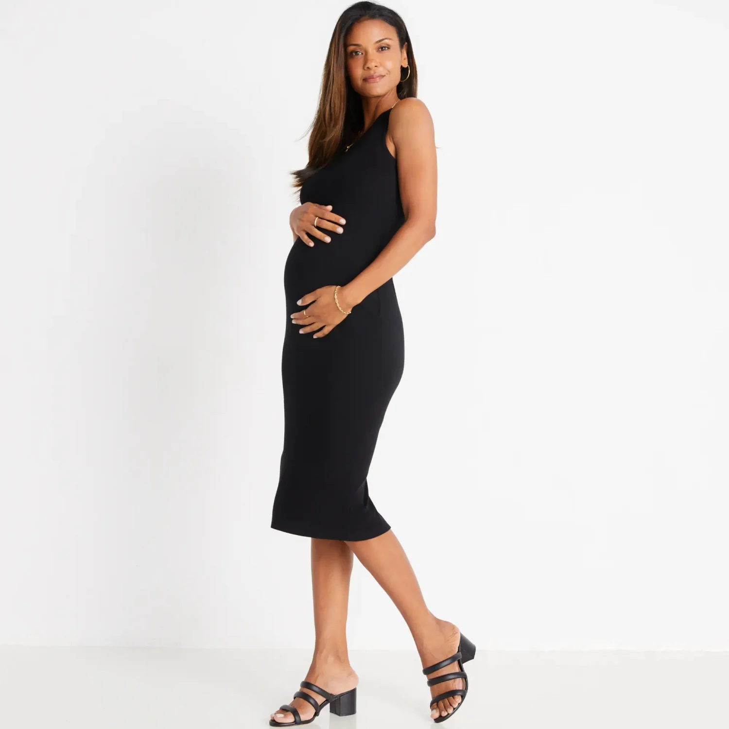 Marine Layer brand contemporary and stylish maternity friendly black ribbed midi dress
