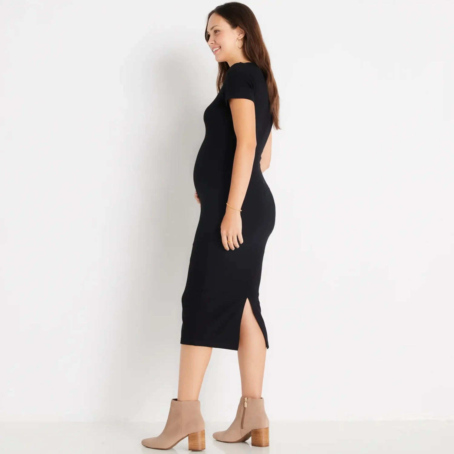 Marine Layer brand contemporary and stylish maternity friendly short sleeve black ribbed midi dress