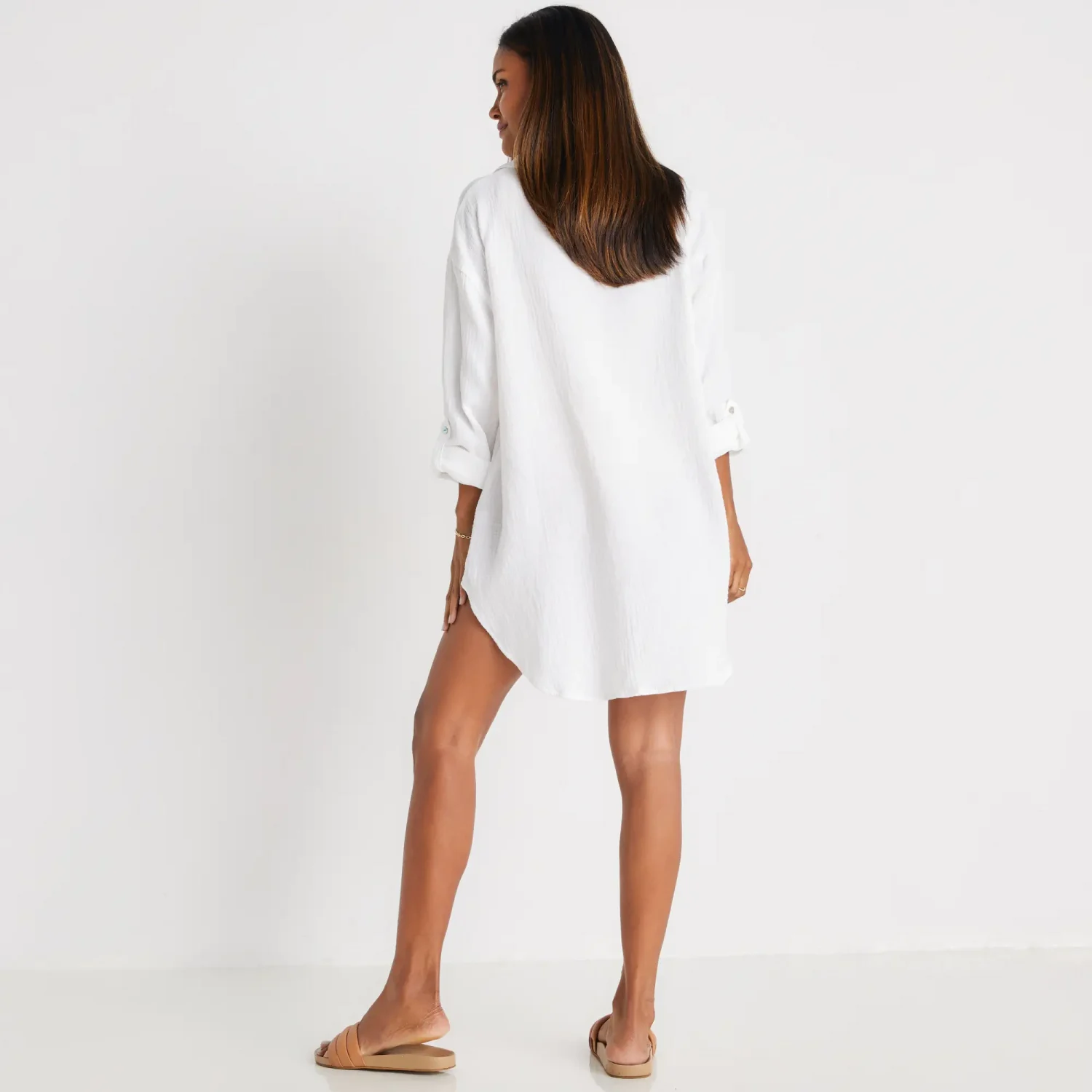 Golden Sun brand contemporary and stylish maternity friendly white shirt dress cover ups