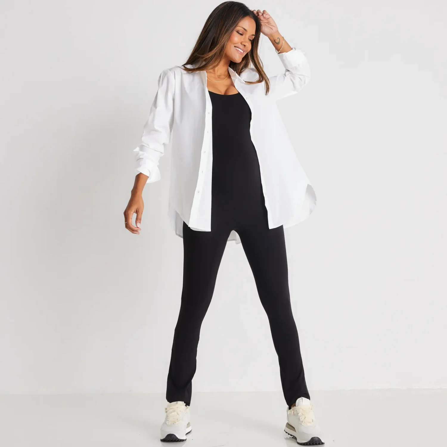 Hatch brand contemporary and stylish maternity friendly white button down shirts
